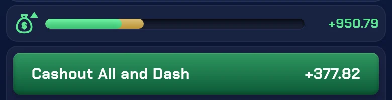 Cash bar showing +950.79 with a long green fill and a gold tip
